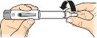 Two hands hold an injection pen while a black arrow indicates rotating the end part for preparation