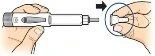 Two hands demonstrate how to grip a white and gray cylindrical medical device, with a black arrow indicating movement to the right