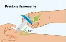 Illustration showing a hand firmly pressing a medical device onto the arm skin at a 45-degree angle with a green arrow