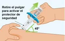 Illustration showing two hands holding an auto-injector at a 45-degree angle to the thigh with a green arrow indicating downward movement