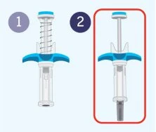 Diagram showing two stages of a medical device: the first with the plunger depressed, and the second with the plunger withdrawn, enclosed in a red box