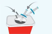 Diagram showing two syringes with blue grips being placed into a red and white container via gray directional arrows