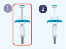 Diagram with two numbered steps showing a syringe with a blue plunger and transparent body on a light blue background