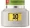 White pharmaceutical vial with a central yellow label displaying the number 10 in black and part of a green band at the top