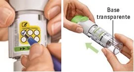 Two hands using a pen to mark a circle on a medical device and a second hand rotating the transparent base of the device