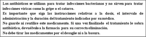 Text in Spanish about antibiotic use, medical dosage, prohibition of reuse, and instructions for proper disposal at pharmacy