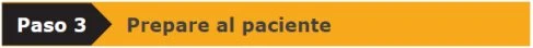 Banner orizzontale con sfondo giallo e freccia nera a sinistra contenente la scritta bianca Passo 3 seguita dal testo nero Preparare il paziente