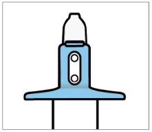 Disegno schematico di un dispositivo medico blu con due piccoli fori ovali bianchi e una parte superiore trasparente a forma di calotta