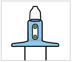 Disegno stilizzato di un flacone medico blu con due piccoli cerchi verdi su sfondo bianco, base piatta e due linee verticali nere