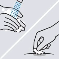 Illustrazione divisa in due parti che mostra mani che si lavano sotto l'acqua corrente e una mano che applica un cerotto sulla pelle