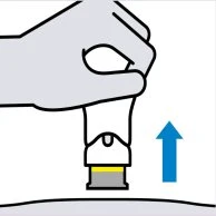 Illustrazione di una mano che tiene un dispositivo medico bianco sopra una superficie con una freccia azzurra rivolta verso l'alto