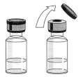 Technical drawing of two glass vials with metal caps, the second showing the cap removed with a curved arrow indicating the removal motion