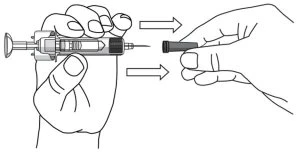 Technical drawing showing a hand holding a syringe and a second hand removing the protective cap from