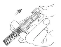 Technical drawing of two hands holding a cylindrical medical device with an internal spring visible for