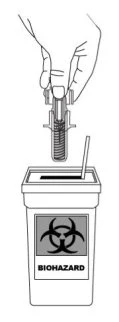 A hand holds a sharps container positioned over a biohazard waste container displaying the biohazard symbol and the word BIOHAZARD