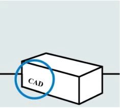 Diagramma schematico di un oggetto rettangolare bianco con la scritta CAD cerchiata in blu sul lato sinistro su sfondo grigio chiaro