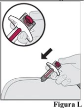 Medical illustration showing a hand holding an injection device with a magnified detail of the upper mechanism