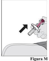 A hand holding a medical device with a red indicator and a black arrow pointing towards the