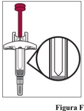 Technical diagram of a medical device with a red button on top and a circular magnification showing the tip of a thin needle