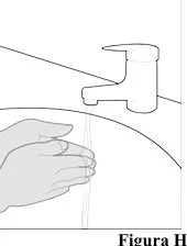 Line drawing of two hands washing under a running tap with water flowing downward