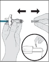Diagramma che mostra mani che muovono un dispositivo medico orizzontalmente e lo inseriscono in un contenitore per rifiuti taglienti in un cerchio in basso