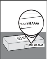 Riquadro di ingrandimento che mostra il testo SCAD: MM AAAA stampato sulla confezione rettangolare di un farmaco da 90 mg