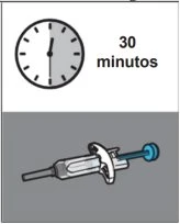 Orologio analogico che indica 30 minuti e una siringa con ago e cappuccio blu su sfondo grigio e bianco