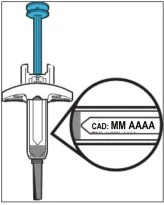 Diagramma di una siringa con un ingrandimento circolare che mostra il dettaglio della data di scadenza indicata come SCAD MM AAAA