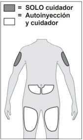 Schema medico con silhouette umana e aree colorate: grigio scuro sulle braccia per il solo caregiver e bianco su addome e cosce per autoiniezione