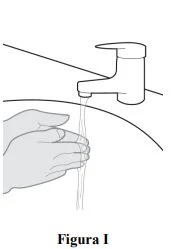 Black and white drawing of two hands being washed under a stream of water