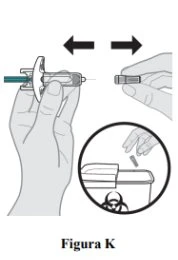 Two hands separating or assembling a medical device with a needle and cap, with a circular inset showing disposal into a sharps container