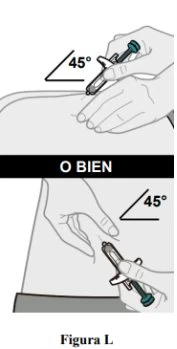 Two drawings show hands injecting a drug with a syringe at a 45-degree angle into the shoulder or upper thigh