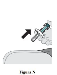 A hand holding a syringe with a protective cap and a black arrow indicating the removal motion of the device away from