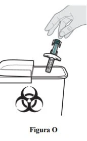 A hand disposing of a used syringe into a biohazard waste container marked with the biological hazard symbol