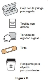 Drawing of a box containing a pre-filled syringe, alcohol wipe, cotton swab, adhesive bandage, and sharps disposal container