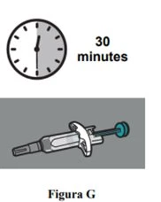 Analog clock showing 12:00 next to the text '30 minutes' above a syringe-shaped medical device with a blue cap on a gray background