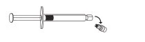 Technical drawing of a syringe with a cap being removed from the tip via a curved arrow indicating downward movement