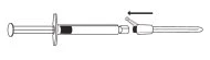 Technical diagram showing the disassembly of a syringe with a black arrow indicating the direction