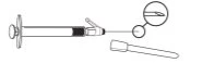 Technical drawing of a horizontal syringe with a thin needle and an enlarged detail of the tip