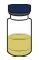 Transparent glass vial with blue cap and yellowish liquid content
