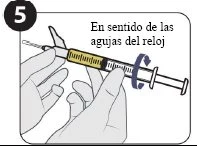 Two hands holding a syringe with yellow liquid and a blue arrow indicates rotating it clockwise with the number 5 in a black circle