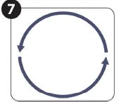 Two blue curved arrows arranged in a circle indicating continuous rotational movement on a white background with the number seven in a black circle