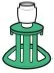 Green medical device with a circular base and a slatted central body supporting a white upper container