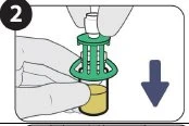 Two hands gripping a medical device with a yellow container and green upper part while an arrow indicates downward movement