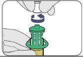 Two hands rotating the green upper part of a medical device clockwise to attach or unscrew a cylindrical component