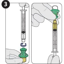 Two illustrations showing a hand removing the green cap from a syringe and a hand holding the syringe with the cap removed