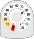 Quadrante di un misuratore con scala numerica da 10 a 120 e una zona evidenziata in giallo tra 10 e 30 con una freccia rossa su 0