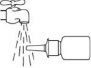 Disegno in bianco e nero di un rubinetto aperto che versa acqua su un flacone con contagocce per la pulizia del contenitore