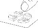 Technical line drawing showing a hand pouring contents from a bottle onto four tablets placed on a surface
