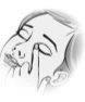 Stylized black and white drawing of a human face with the index finger placed against the inside of the right nostril